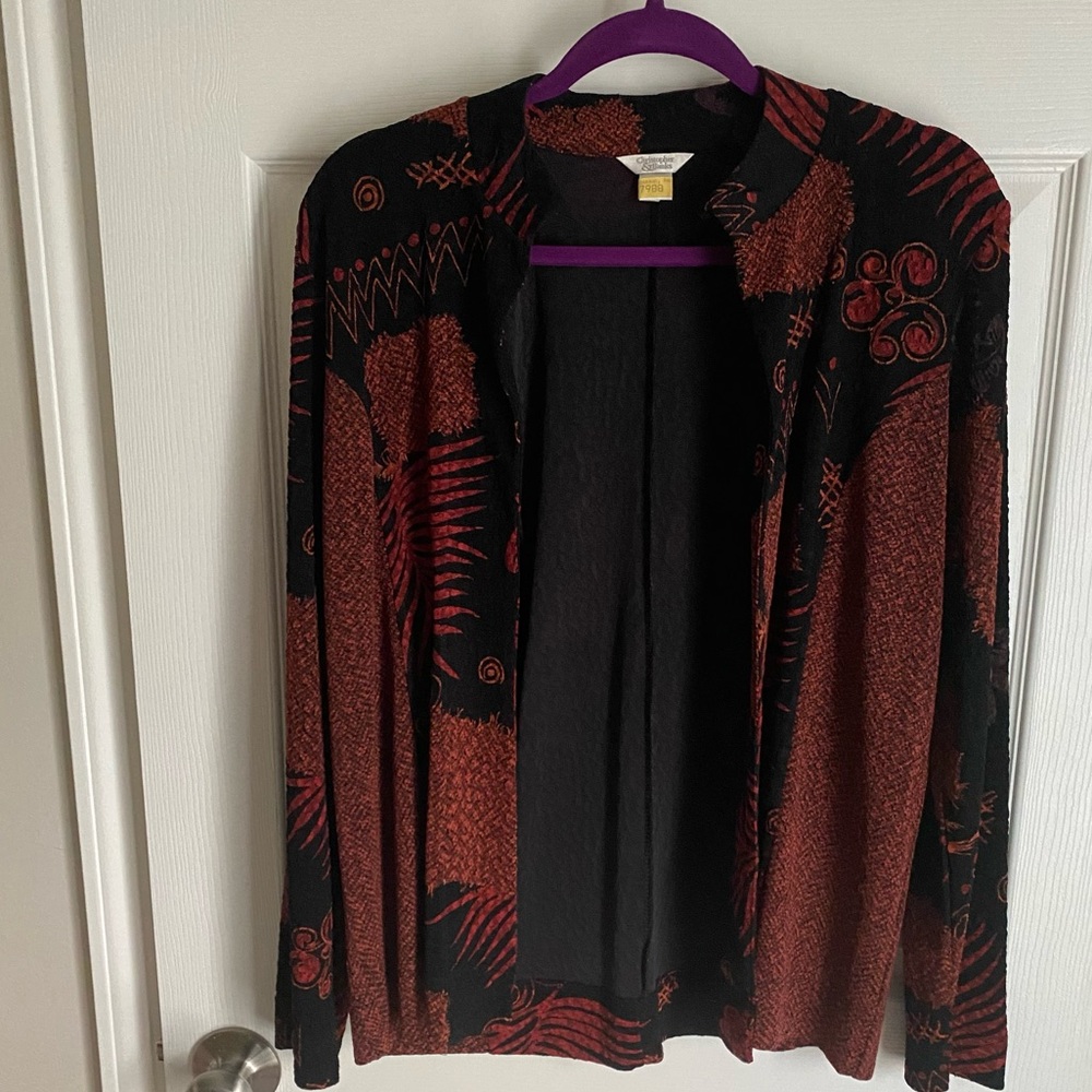 Christopher & Banks Womens Open Front Cardigan Black/Burgundy‎ abstract design L